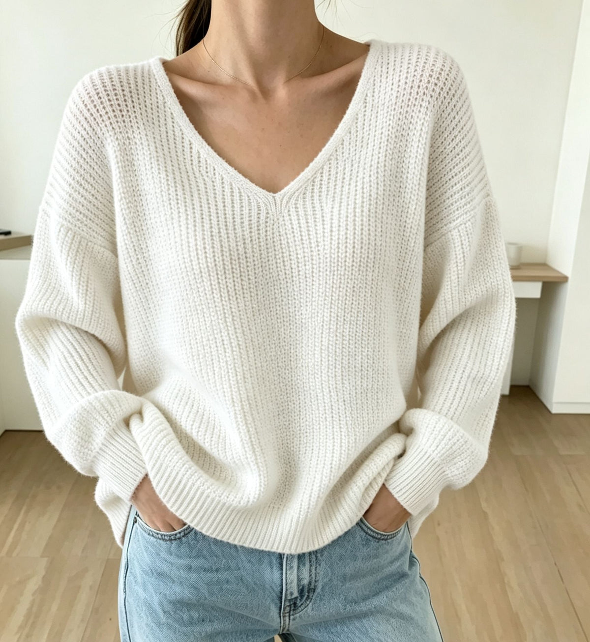 Thickened Long-sleeved Loose-fit V-neck Pullover Sweater For Women