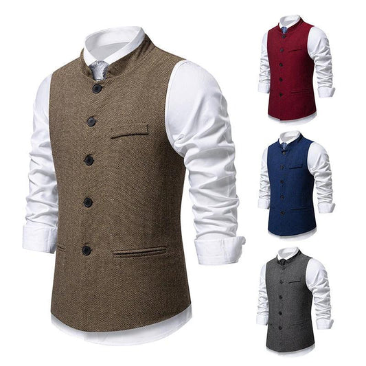 Chaleco de traje de espiga de color liso con cuello alto retro para hombre