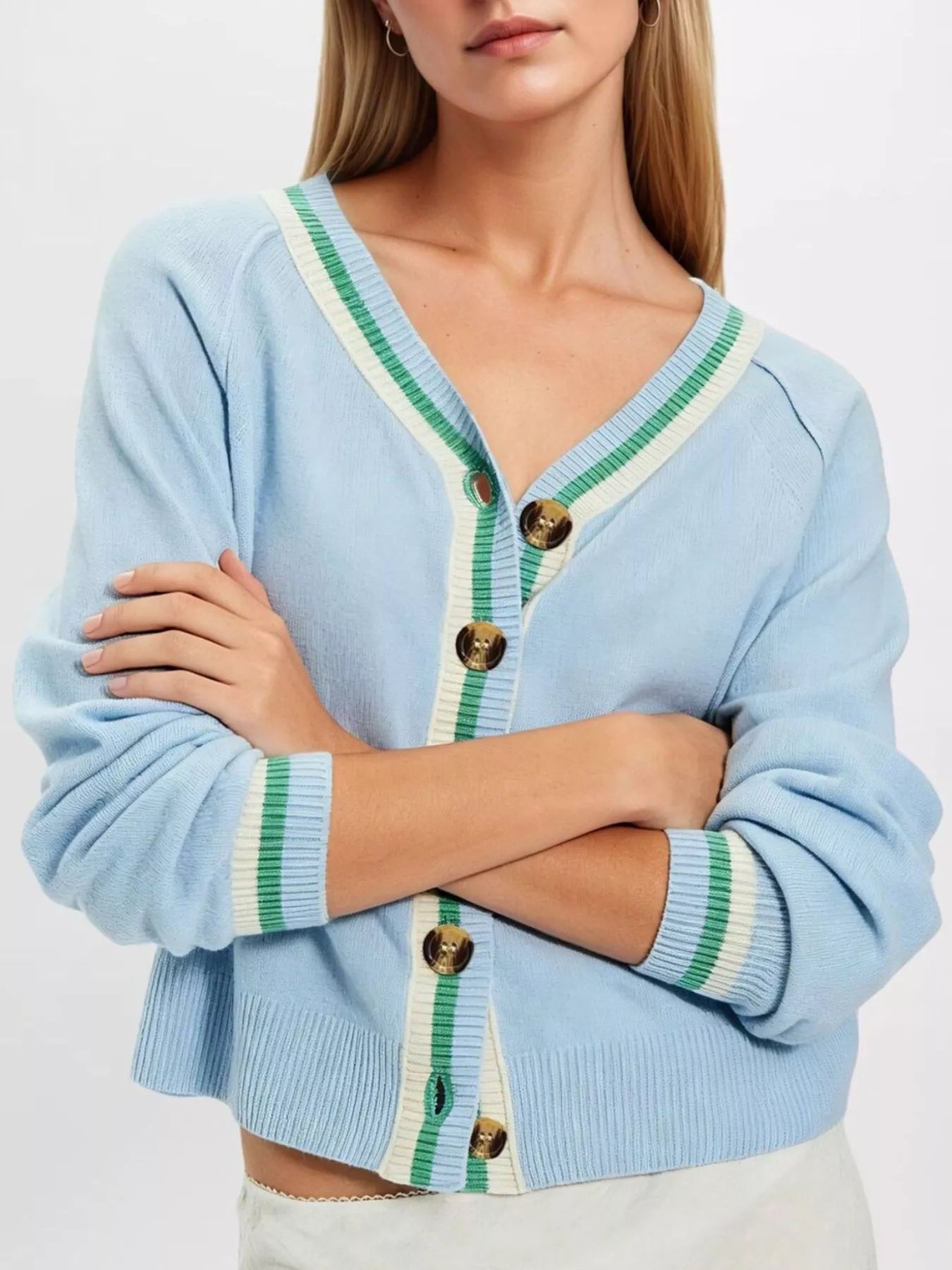Striped Trim Button-Down Cardigan