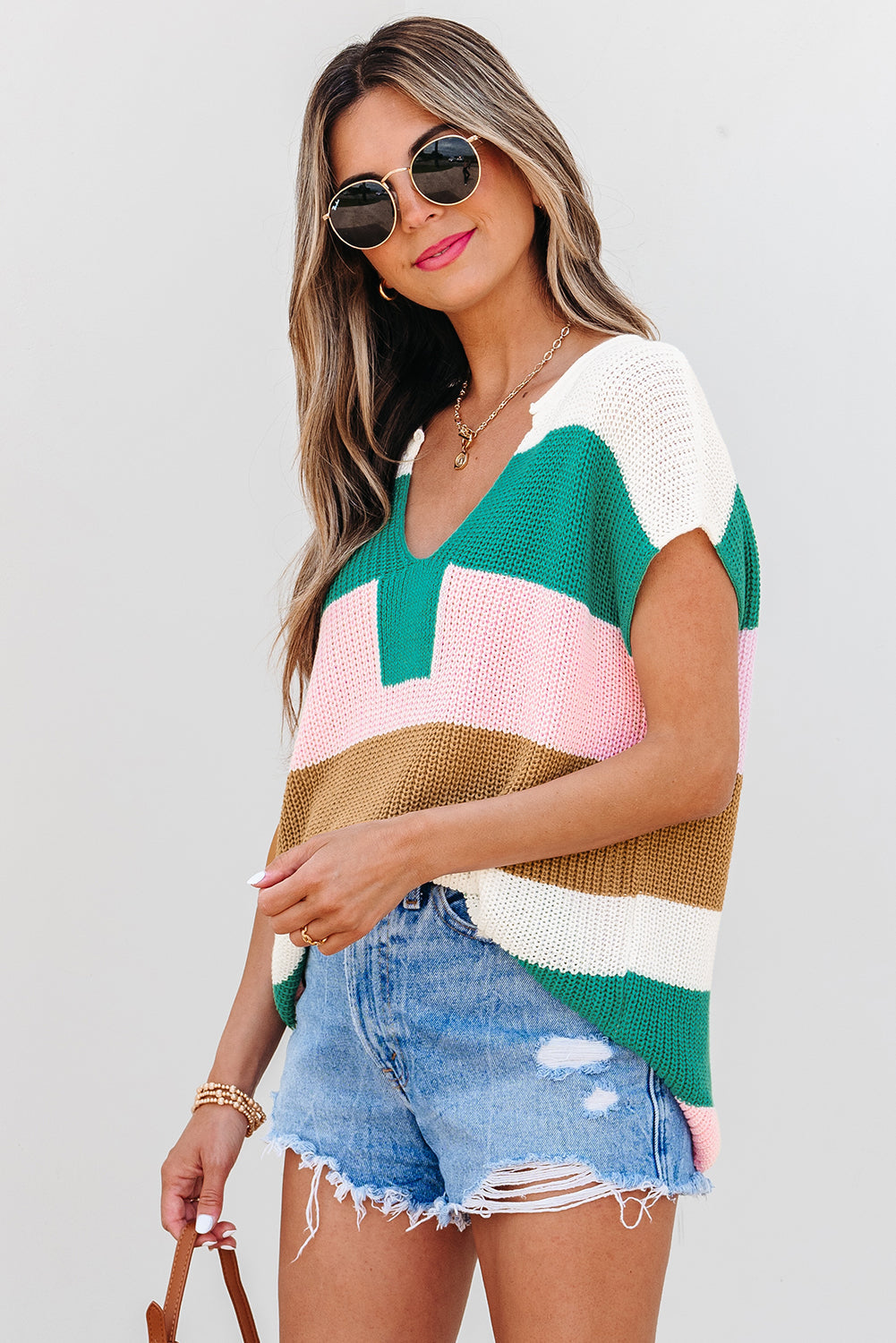 Camiseta de punto con cuello de pico y bloques de color multicolor