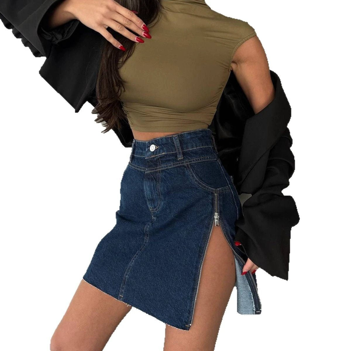 Design Zipper Split Denim Skirt Women