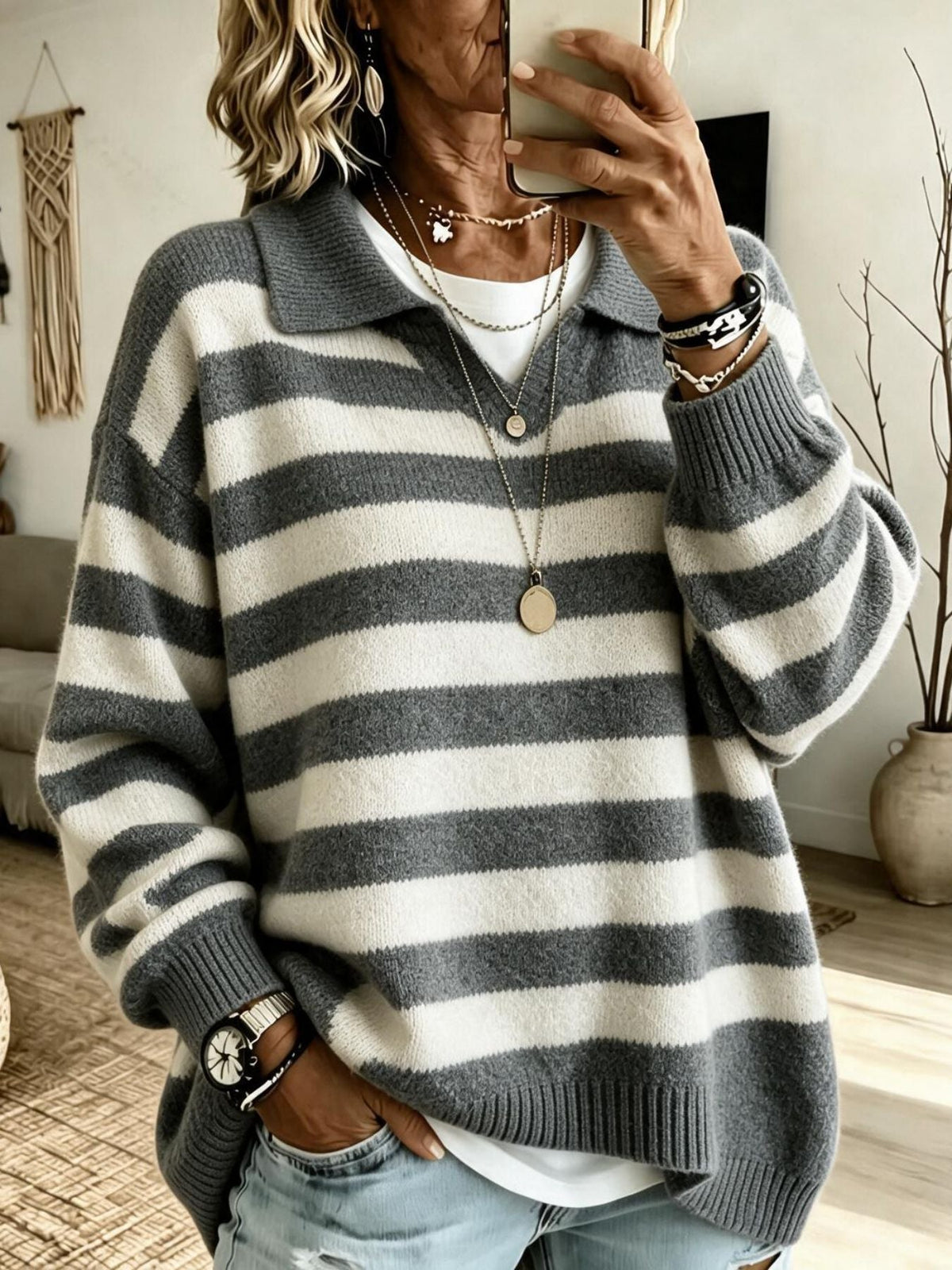 Women's Striped Color-Block Navy-Style Knit Sweater With Lapel Collar