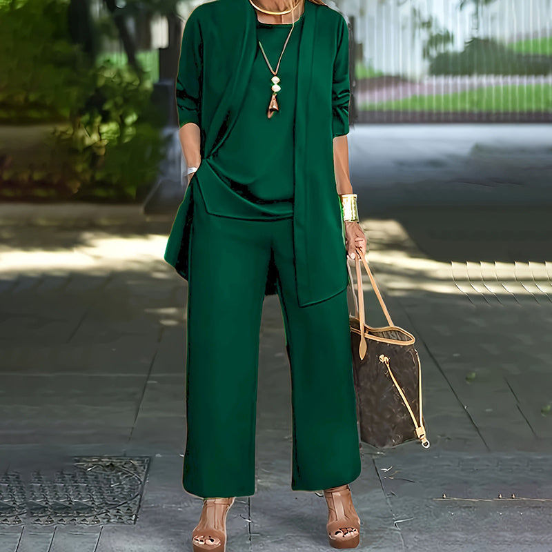 Conjunto informal de 3 piezas de talla grande para mujer, cárdigan abierto, chaleco sin mangas, pantalones, conjunto de salón de color liso