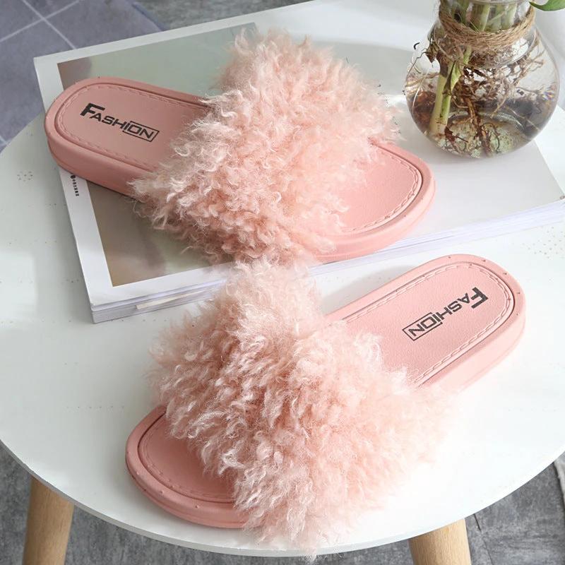 New Style Slippers female slippers fashion outside wear Maomao shoes ladies faux animal hair cool slippers