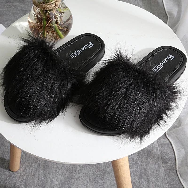 New Style Slippers female slippers fashion outside wear Maomao shoes ladies faux animal hair cool slippers