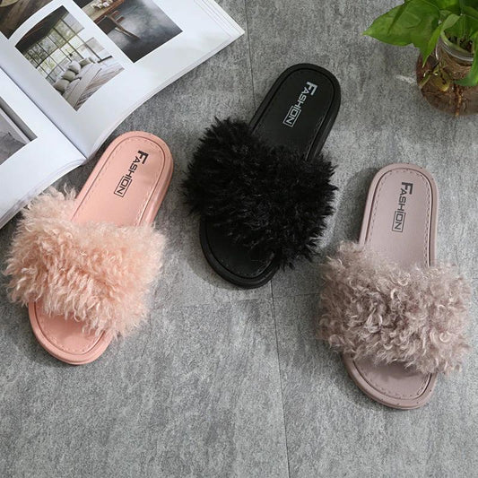 Pantuflas de nuevo estilo, pantuflas de mujer a la moda para usar al aire libre, zapatos Maomao, pantuflas frescas de pelo sintético de animales para damas.