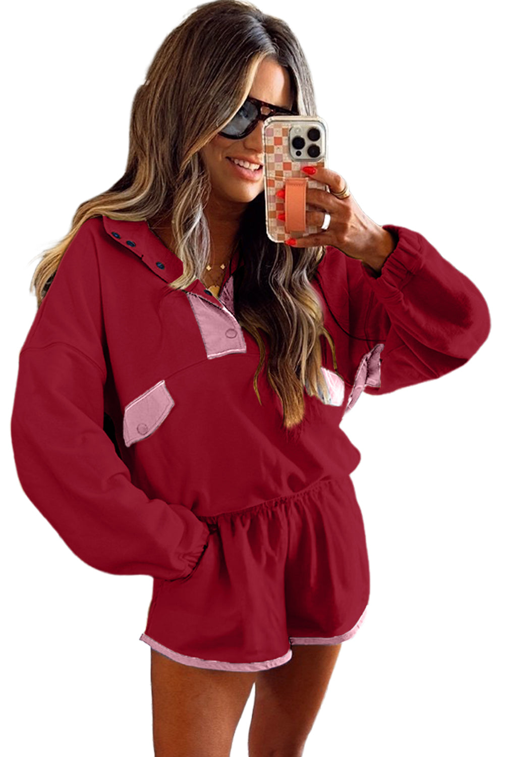 Conjunto de Sudadera de Medio Botón y Pantalones Cortos con Bloques de Color y Retazos Red Dahlia
