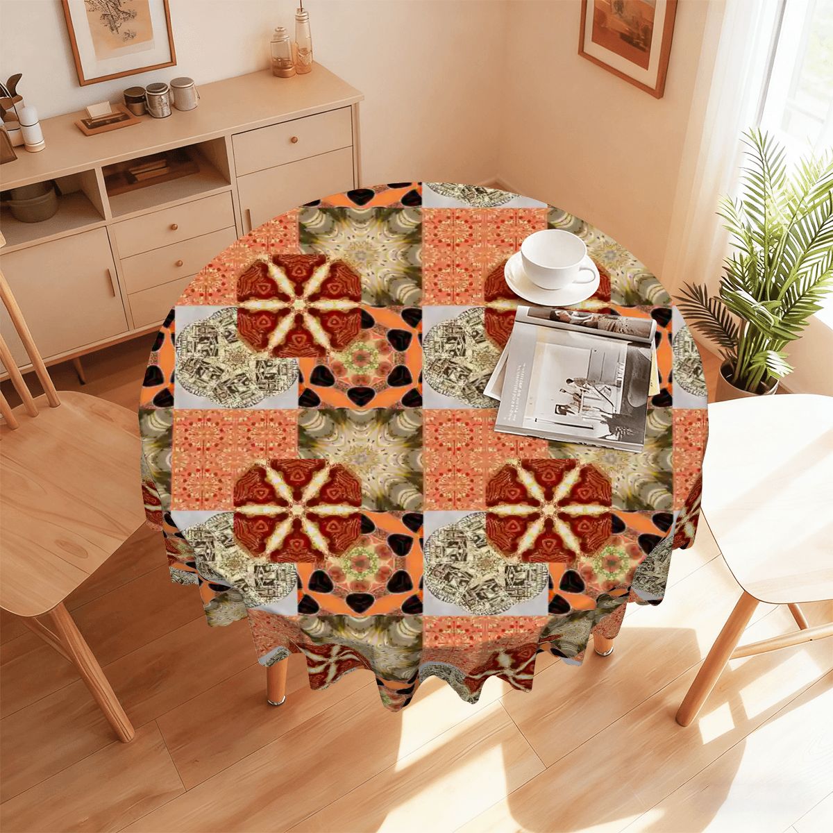Heritage Revival Quilt Design Round Tablecloth with Wavy Edge - 60" x 60"