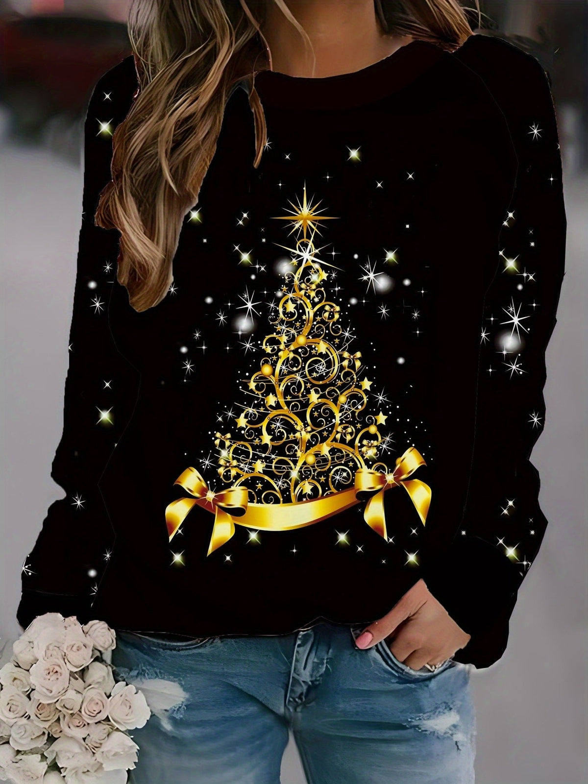 Christmas Themed Printed Women's Sweatshirt, Round Neck, Long Sleeves, Loose Casual Style, 3D Pattern, New Autumn And Winter Model