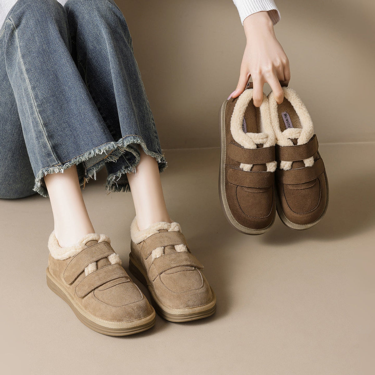 Thick-Soled Snow Boots For Women Winter Velcro Fleece-Lined Shoes Maillard Plush Cotton Shoes