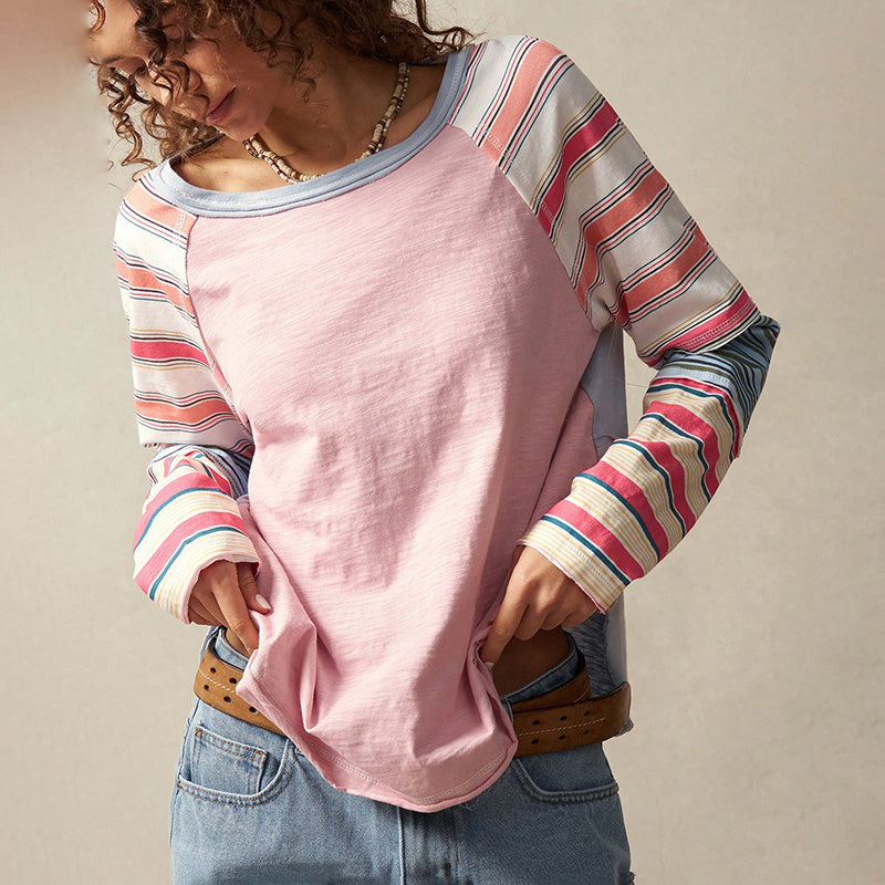 Camiseta de manga larga a rayas y cuello redondo para mujer