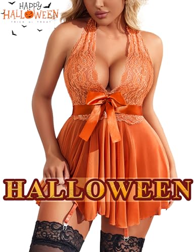 Christmas Costume - Avidlove Lingerie for Women Lace Babydoll Chemise Halter V Sexy Sleepwear with Garter Belt