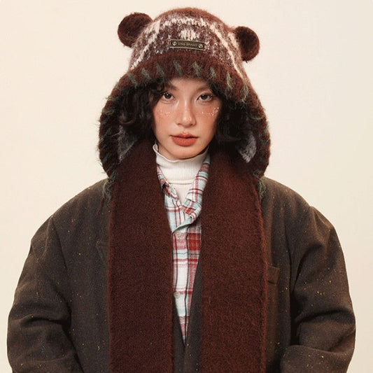 Gorro de punto con orejas de oso para mujer – Gorro de invierno cálido con orejeras