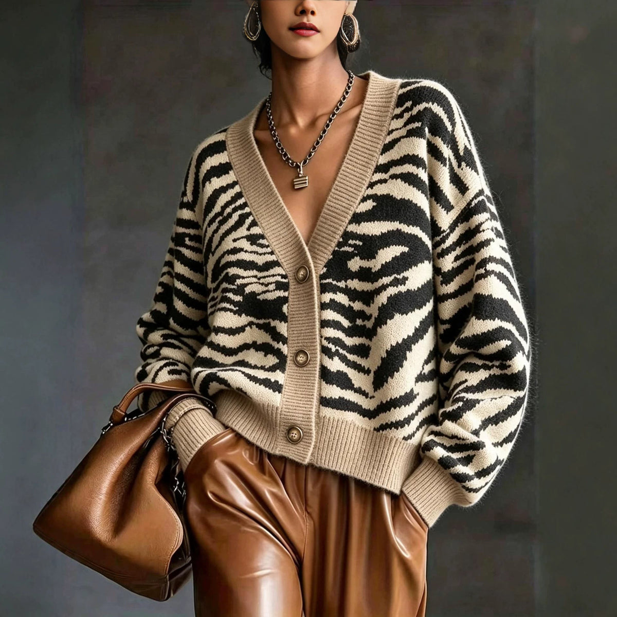 Women's Zebra Striped Knit Cardigan, 2026 Fall Winter Loose Long Sleeve Button Down Sweater, Casual Lazy Style Knit Outerwear