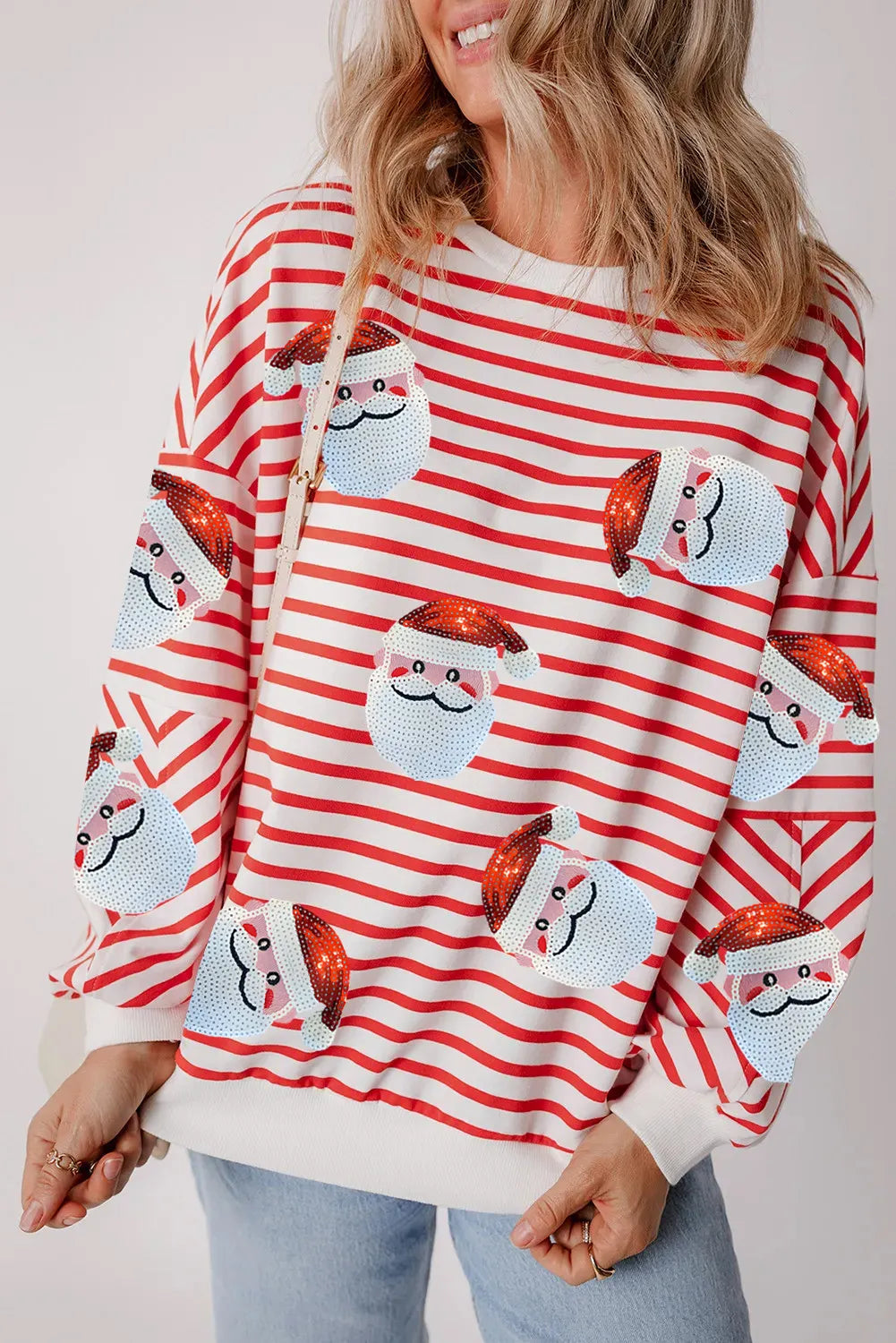 Sudadera de cuello redondo con rayas y Papá Noel de lentejuelas y manga larga