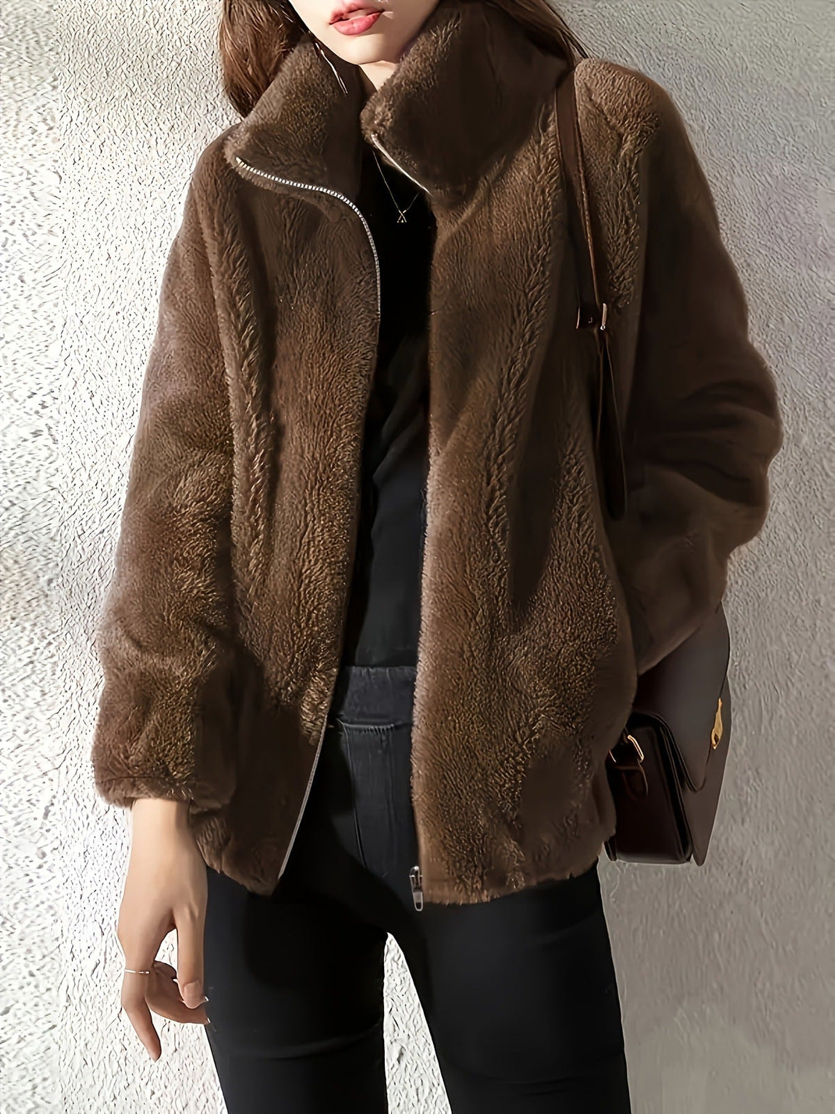 Double Faced Fleece Warm High Neck Sweater Women Cardigan