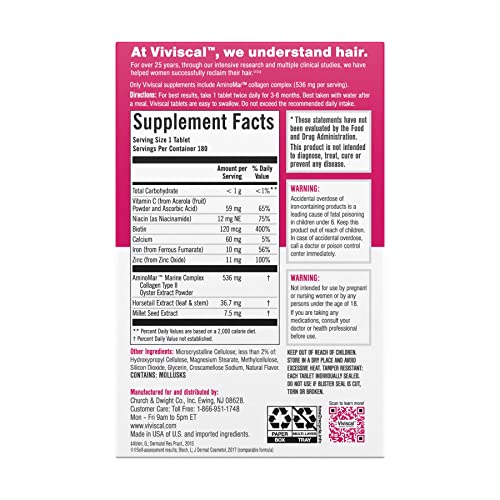 Suplementos Viviscal para el crecimiento del cabello para mujeres, para un cabello más grueso y voluminoso, nutre el cabello fino y con caída, con complejo de colágeno patentado, 180 tabletas, suministro para 3 meses
