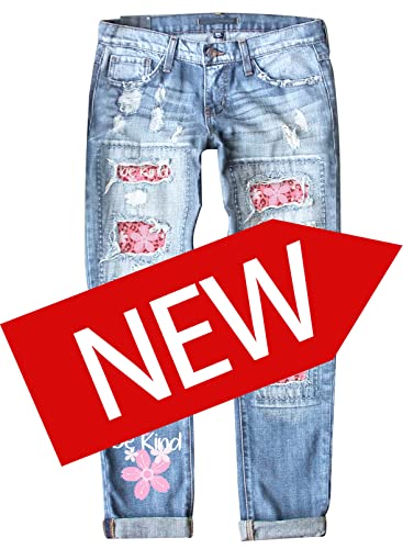 American Flag Pants - Astylish Womens Plaid Patch Ripped Boyfriend Distressed Stretch Skinny Denim Jeans with Hole