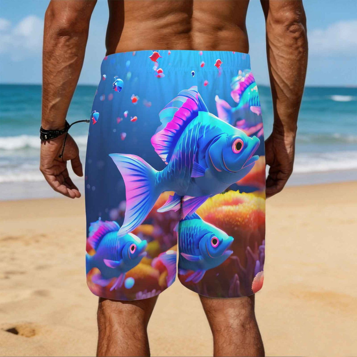 Blue Neon Fish Men's All Over Print Elastic Beach Shorts