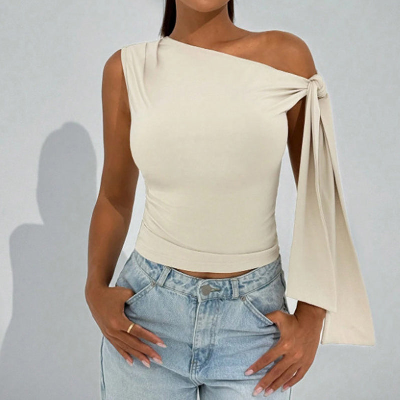 Top asimétrico con lazo en un hombro para mujer – Camisa para salir y fiesta