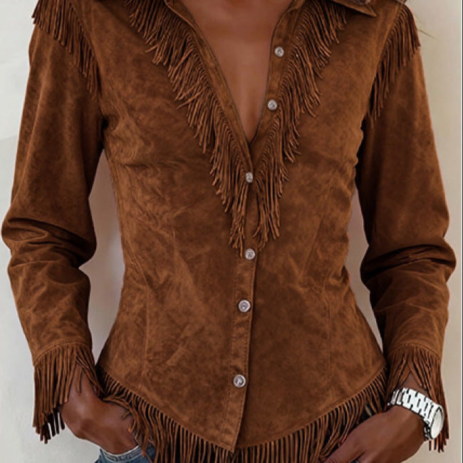 Women's Western Style Suede Fringed Slim Fit Long Sleeve Shirt