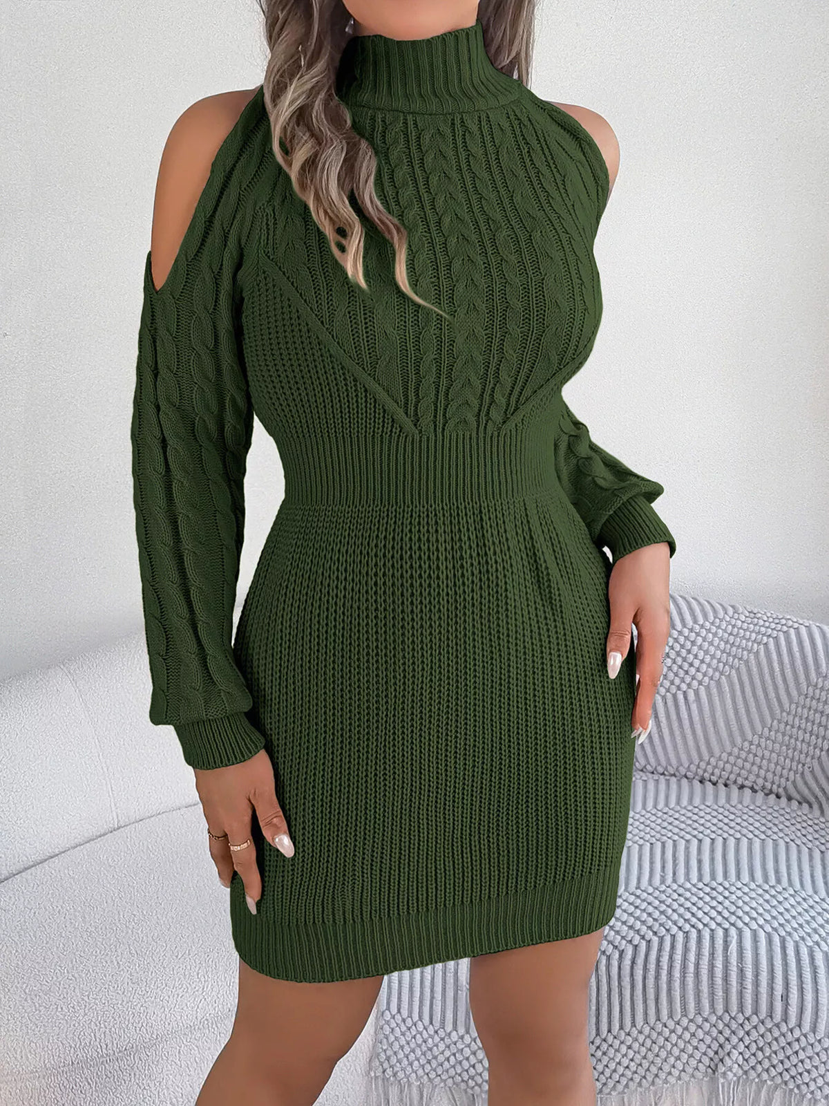Cold Shoulder Cable Knit Turtleneck Sweater Dress