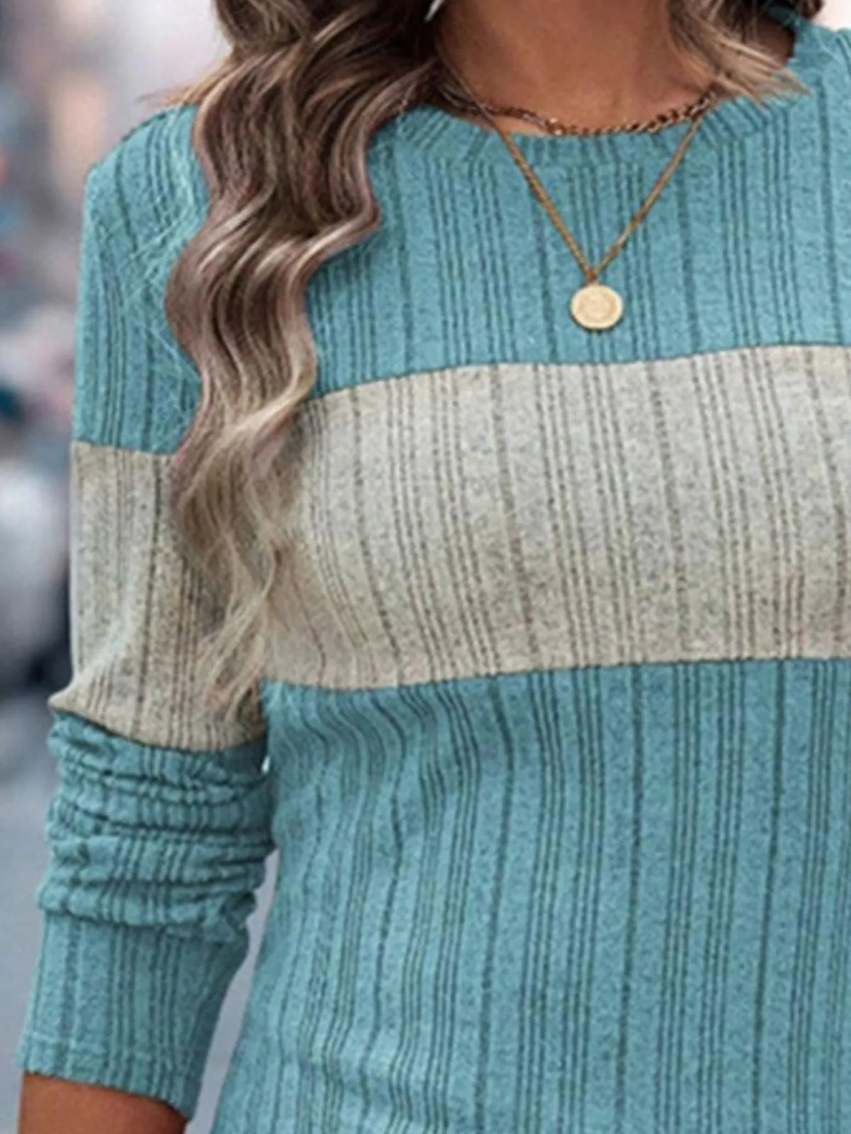 Color Block Round Neck Long Sleeve Sweater
