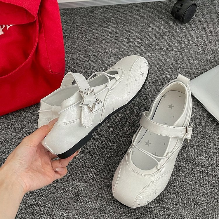 White Star Embroidery Mary Jane Flats Women Square Toe Buckle Strap Ballet Flat Shoes