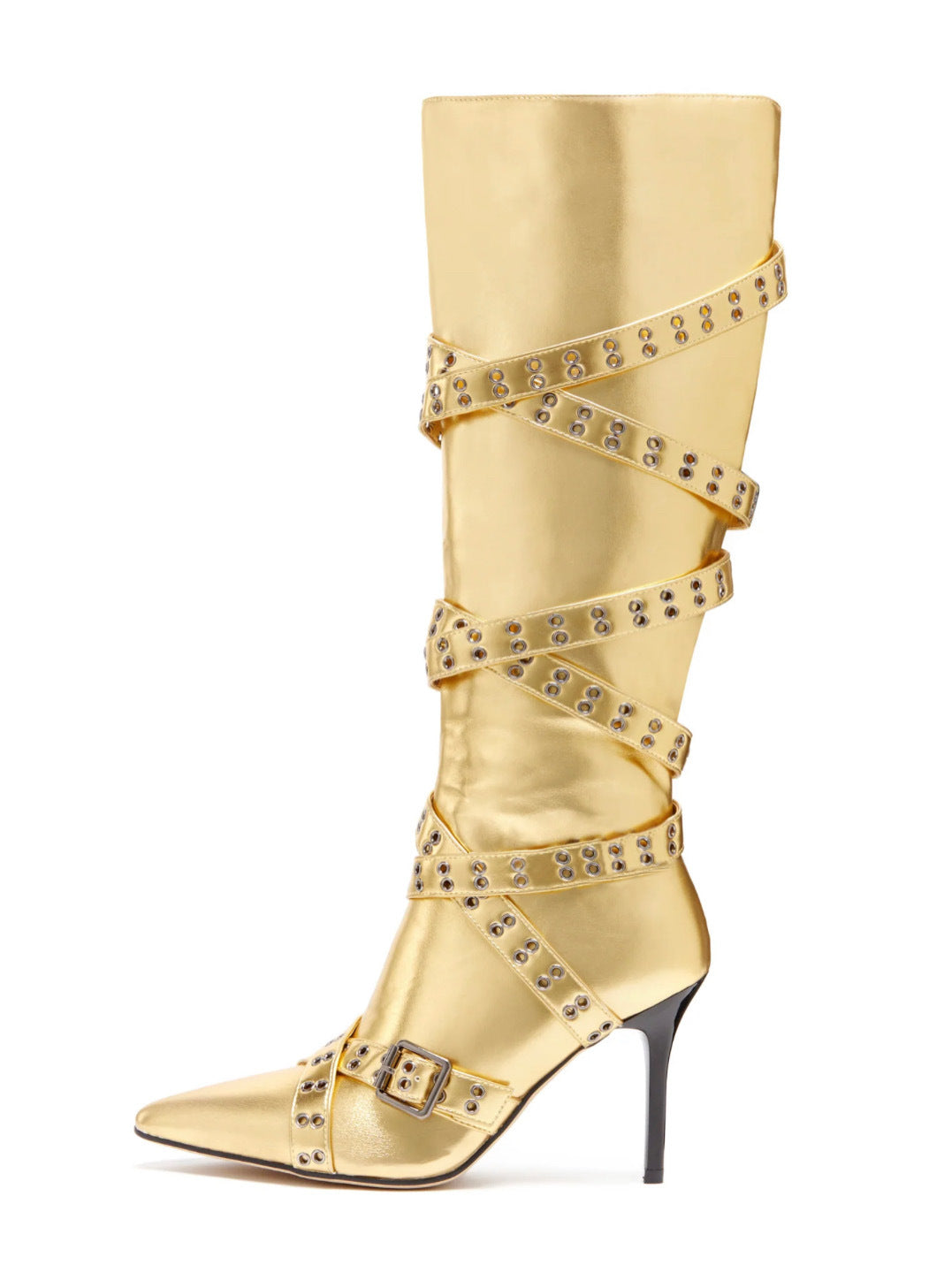 Strap-detail Pointed-toe Studded High-heeled Over-the-knee Boots For Women