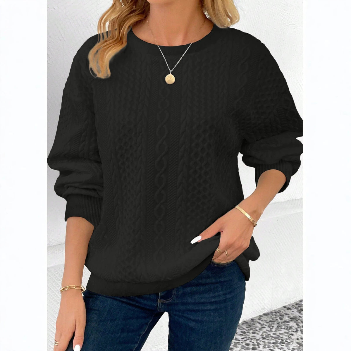 AutumnWinter Plus-Size Women's Knitted Crew-Neck Sweatshirt With Drop Shoulder Sleeves
