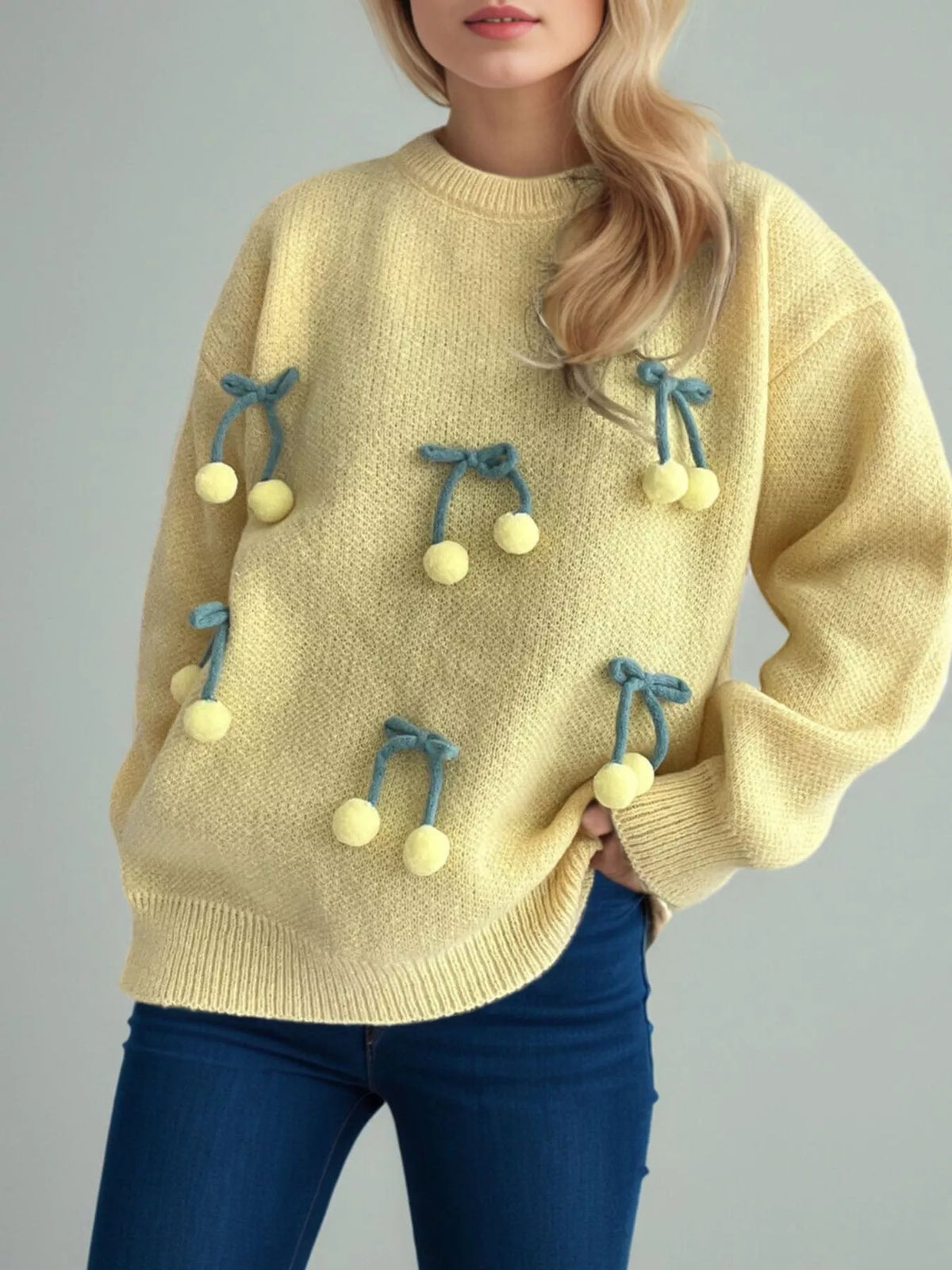 Cherry Pom-Pom Knit Round Neck Sweater