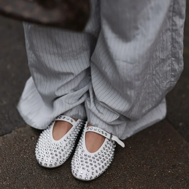Women's Round-Toe Rhinestone Mary Jane Flats