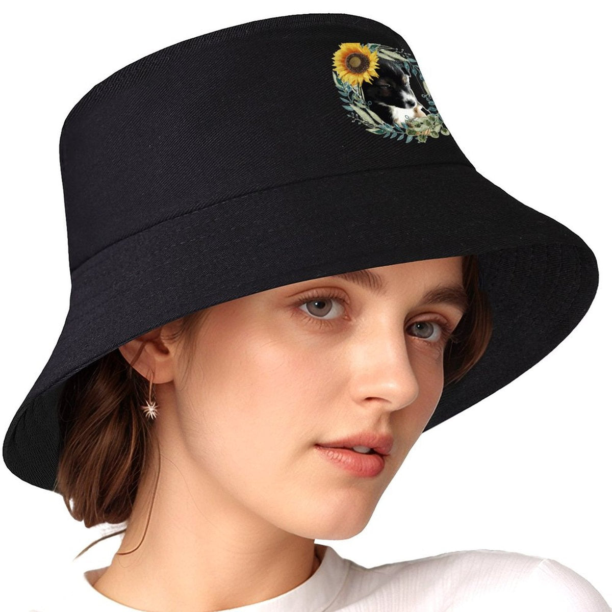 Black Bucket Hat with Cute Puppy for Women & Men (Front Printing)