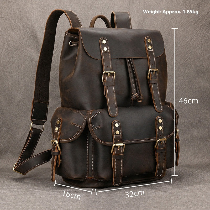 Large Capacity Crazy Horse Leather Backpack Travel Outdoor Flip