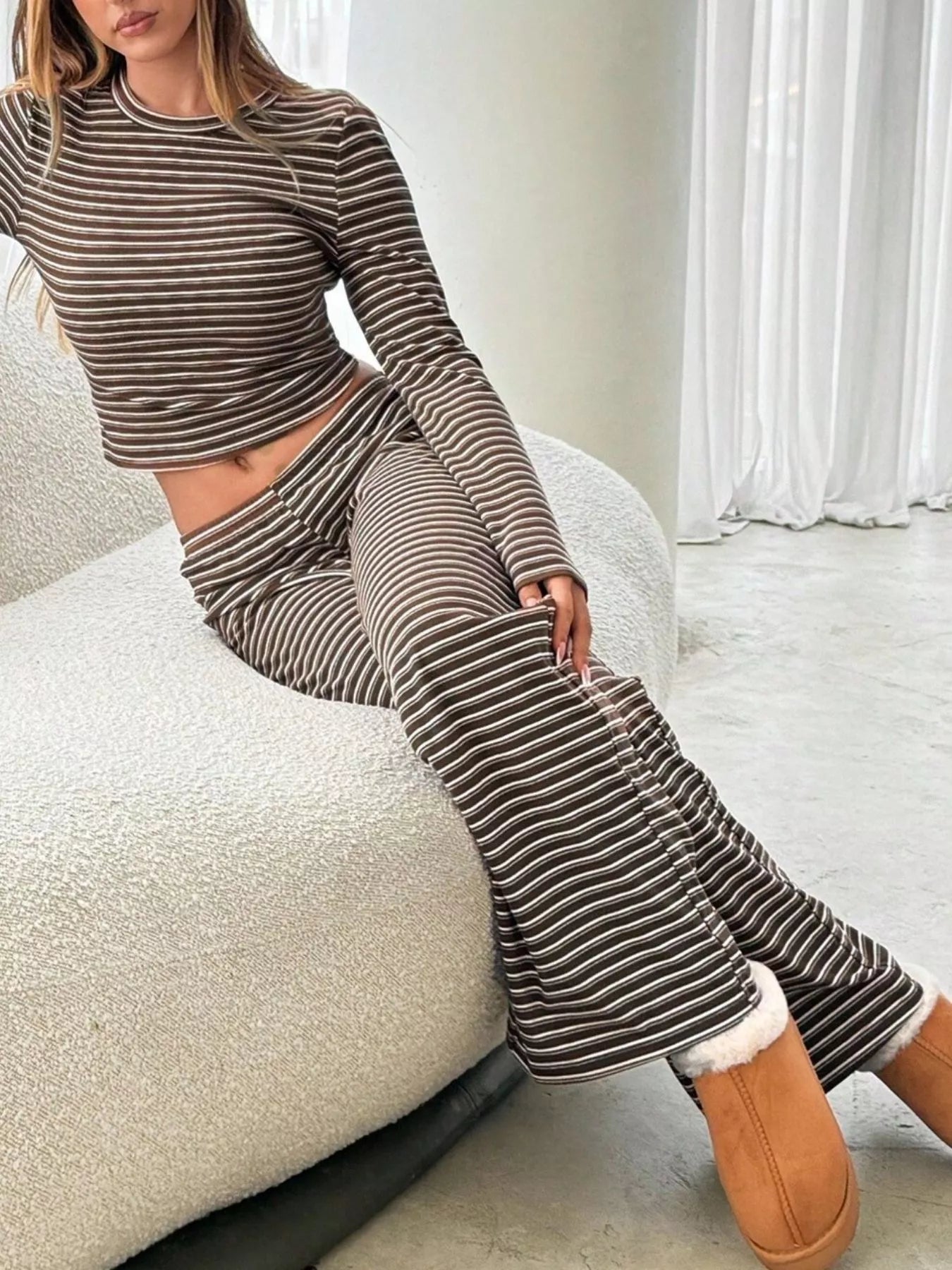 Striped Long Sleeve Crop Top and Wide Leg Pants Two-Piece Set