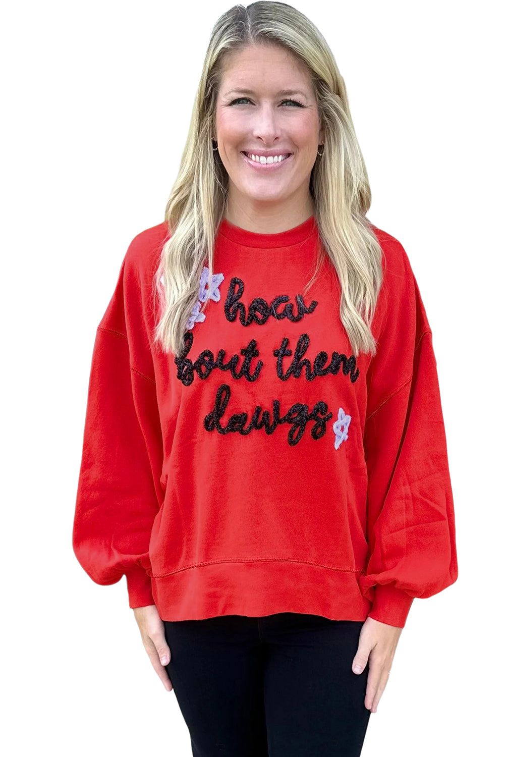 Sudadera Gráfica de Purpurina Roja Feroz "How Bout Them Dawgs"