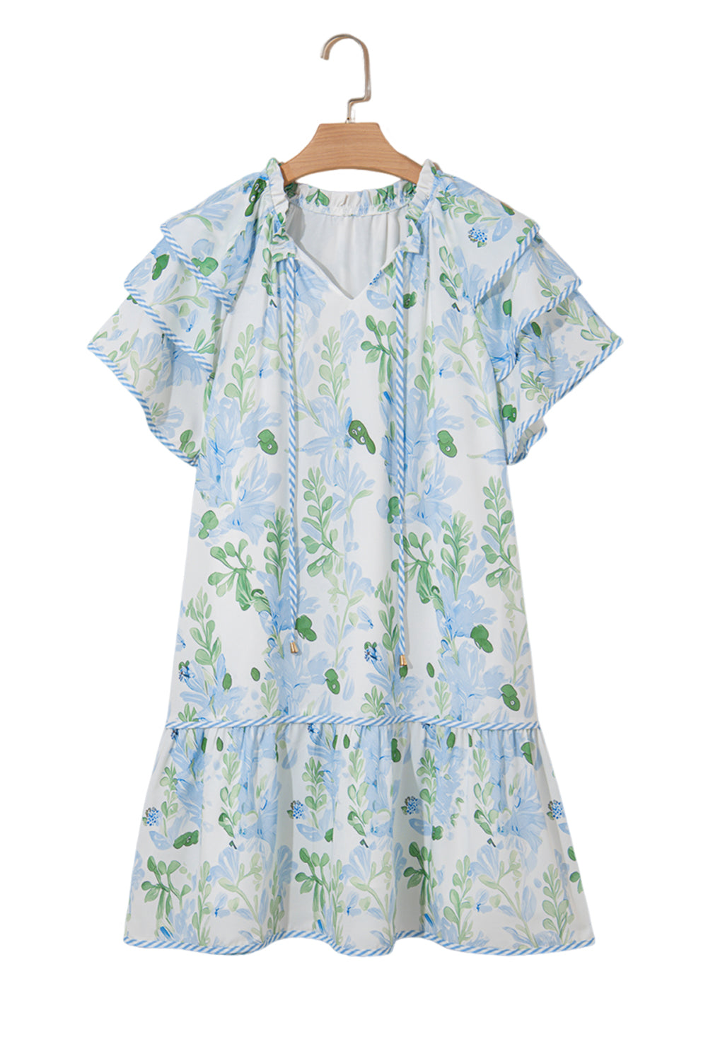 Minivestido de manga corta con capas y ribete en contraste floral azul cielo