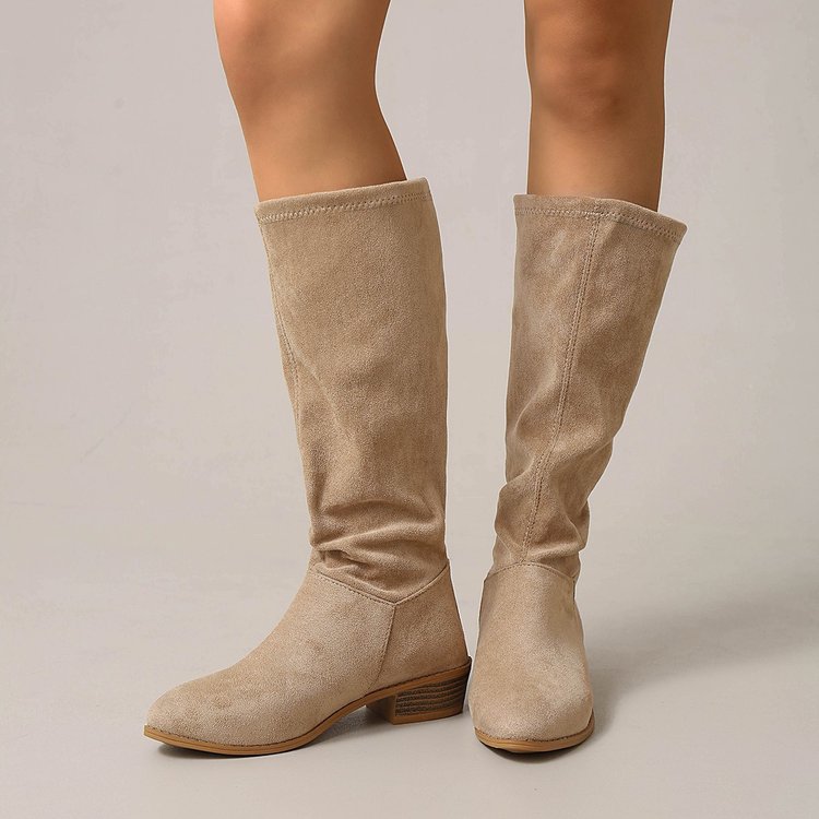 Women's Matte High Calf Knight Boots, Back Zipper, Chunky Wood Grain Heel, Minimalist Straight Shaft, Below Knee, Slim Fitting