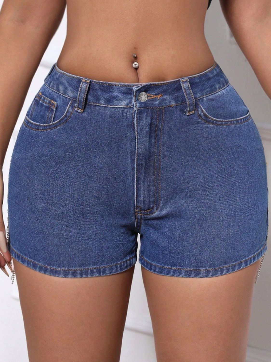 Fringe Back Denim Shorts with Pockets
