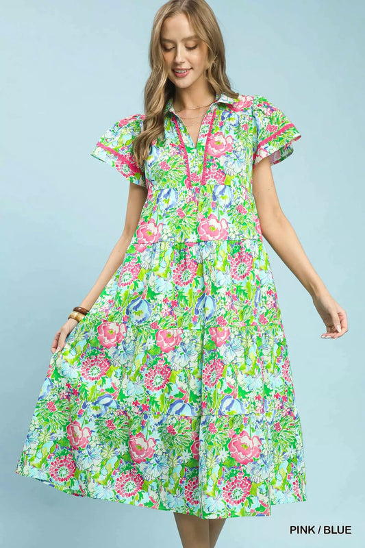 Umgee Bold Mixed Floral Tiered Midi Dress in Pink/Blue