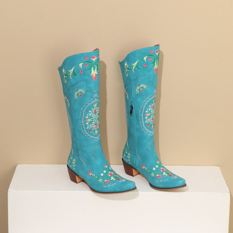 Women's Chunky-Heel Retro Embroidered Side-Zip Mid-Calf Boots