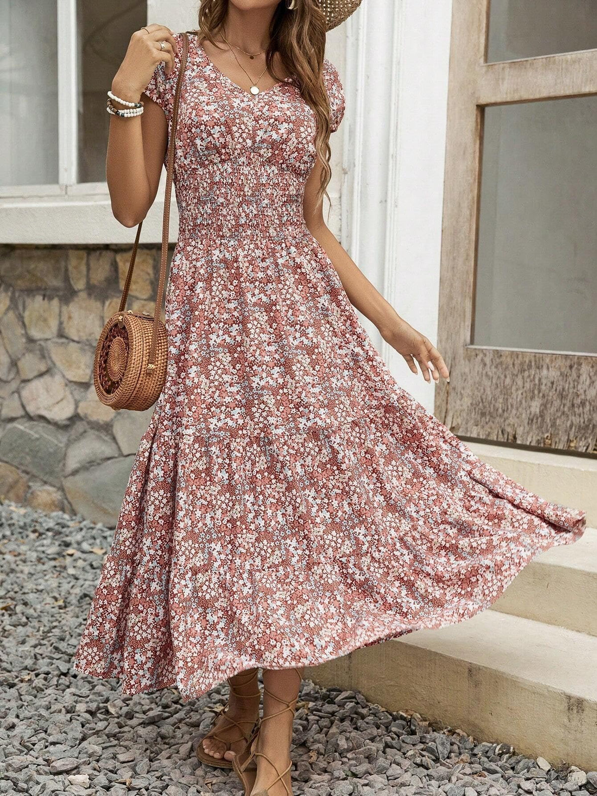 Dusty Pink Floral Boho Chic V-neck Midi Dress For Women