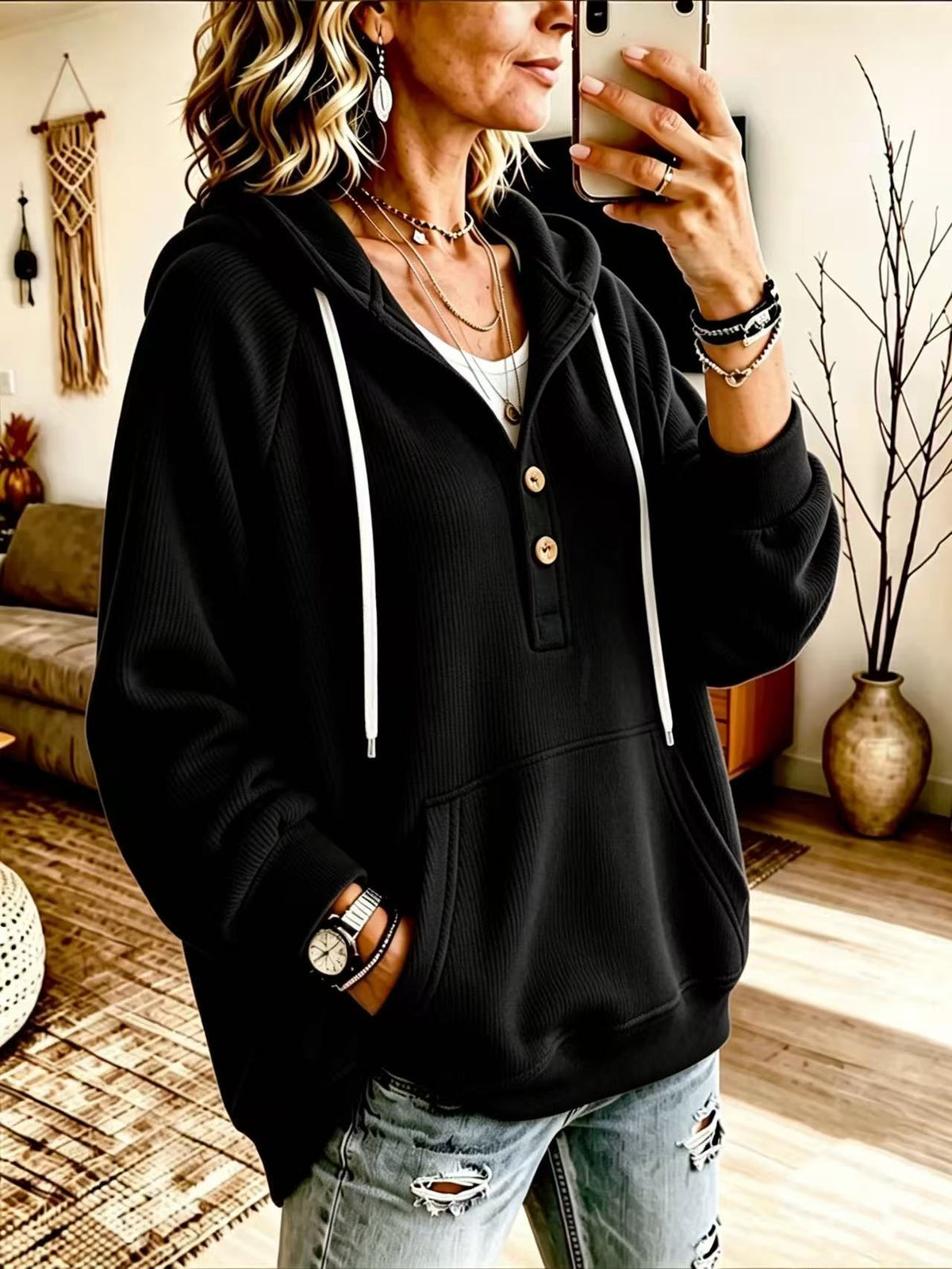 Women's Corduroy Hooded Sweatshirt With Buttons