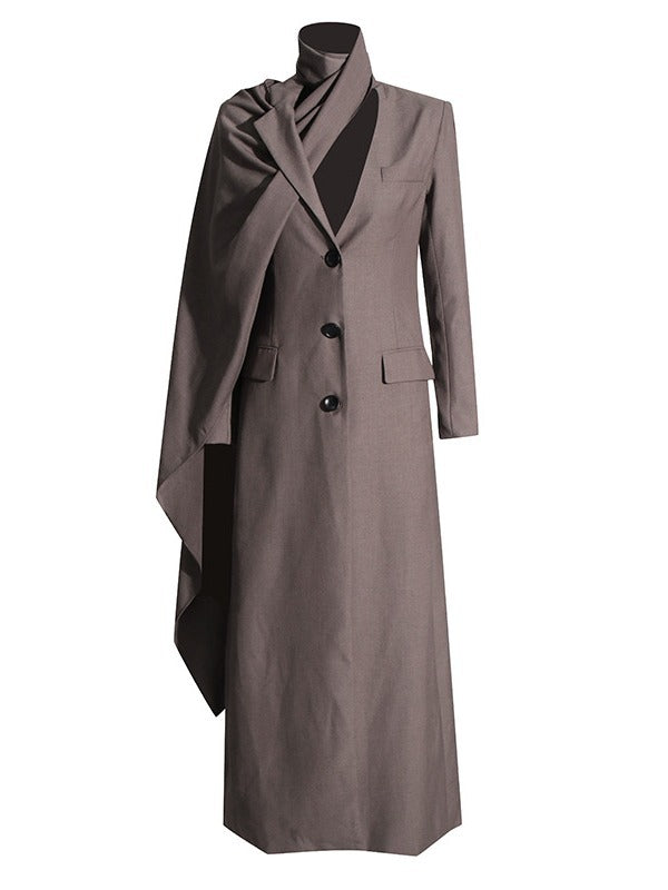 Draped Cape-Scarf Longline Tailored Coat