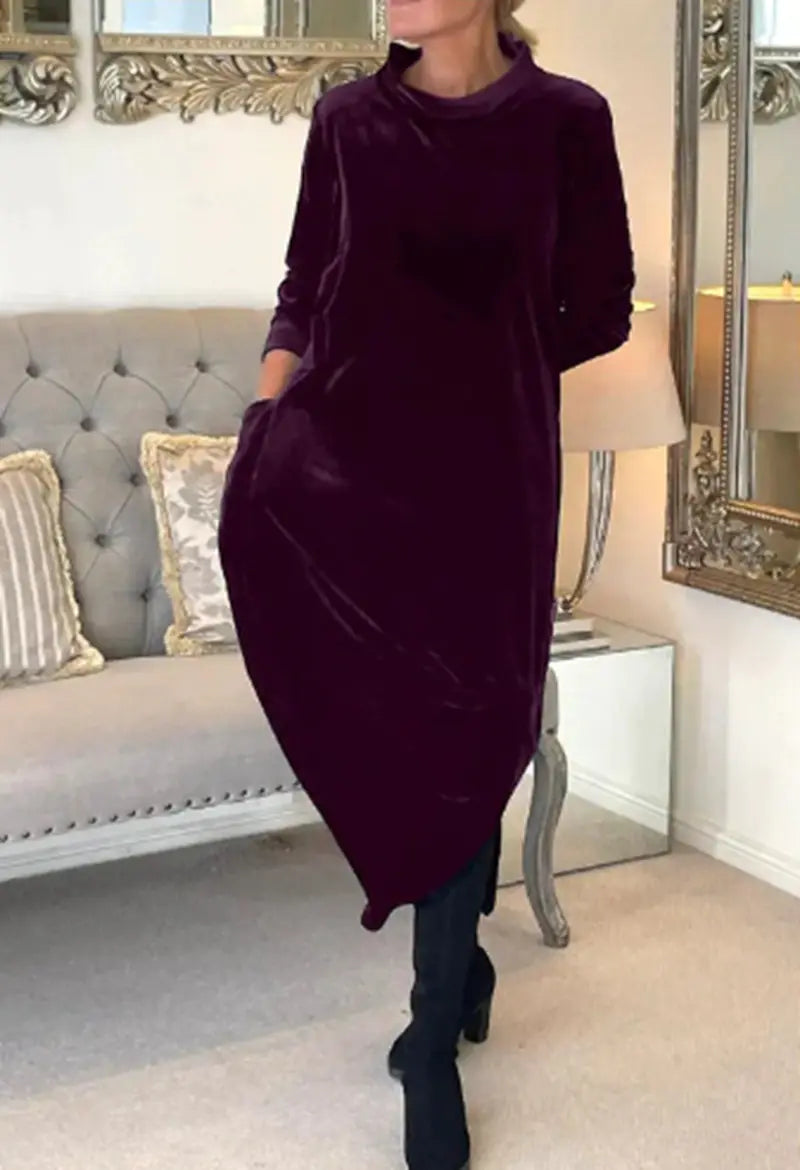 New Women's Long Sleeve Solid Color Round Neck Dress