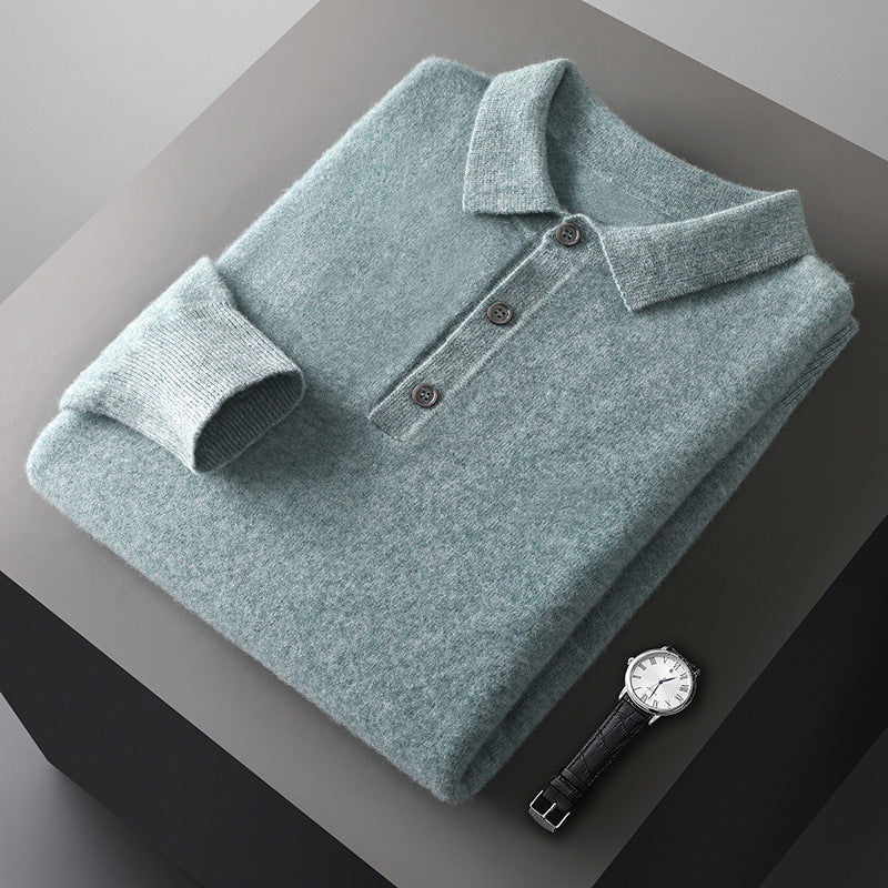 Mens Solid-Color Long-Sleeve All-Wool Polo-Neck Sweater
