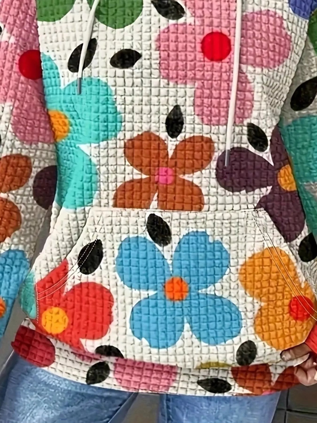 Sudadera con capucha y cordón con textura y estampado floral