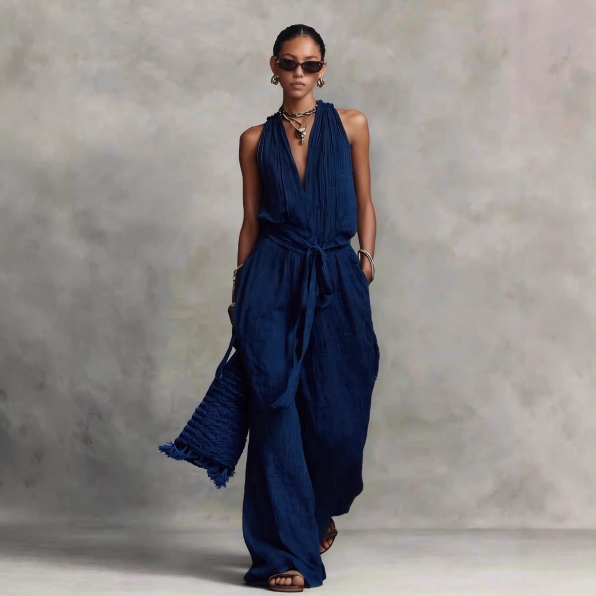 Women's Casual Belted Sleeveless Cotton-blend Jumpsuit