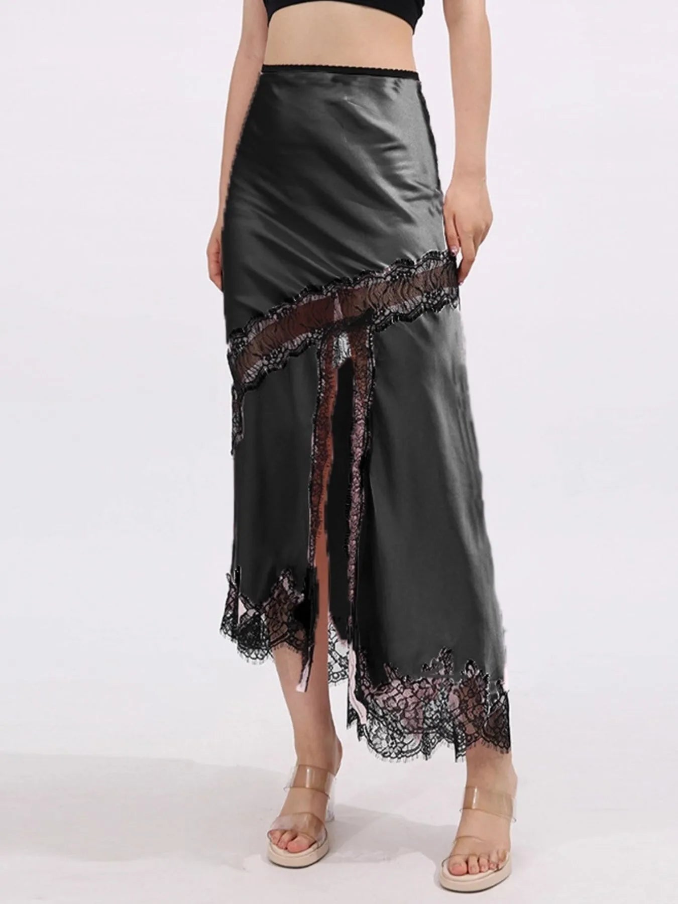 Lace Trim Asymmetrical Midi Skirt See size chart under “more details”