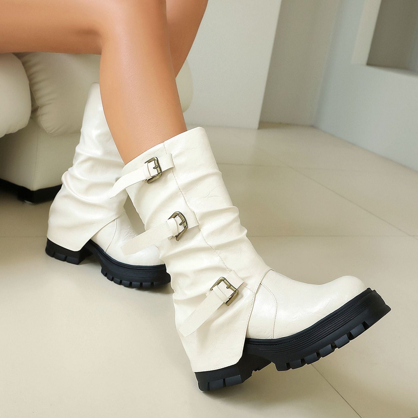 Women's Triple Buckle Moto Boots – Distressed PU Chunky Platform Block Heel